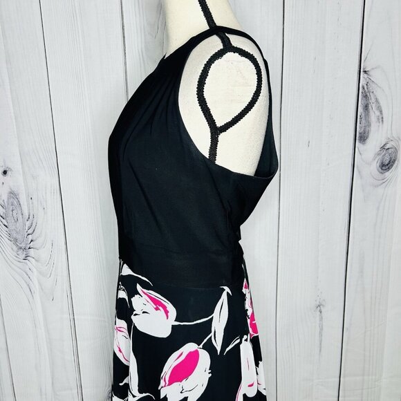 52seven Black Floral Maxi Halter Dress Sz 14 Keyhole Back Sleeveless Stretch - Picture 7 of 12